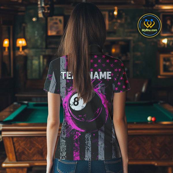 Custom Pink Grunge US Flag Patriotic Billiard Shirts For Women, Retro 8 Ball Pool Billiard Jersey TDM4045