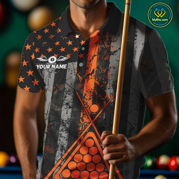 Custom Orange Grunge US Flag Patriotic Billiard Shirts For Men, Retro 8 Ball Pool Billiard Jersey TDM4046