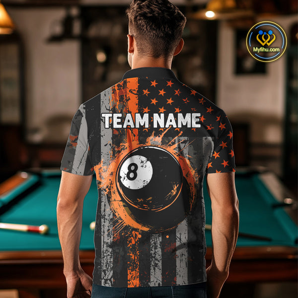 Custom Orange Grunge US Flag Patriotic Billiard Shirts For Men, Retro 8 Ball Pool Billiard Jersey TDM4046