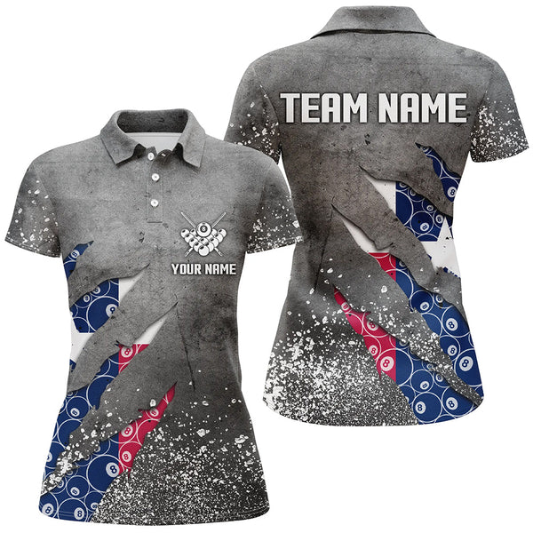 Custom Ball 8 Texas Flag Grey Grunge Women Billiard Polo & 1/4 Zip Shirt Best Billiard Team Jersey TDM1651