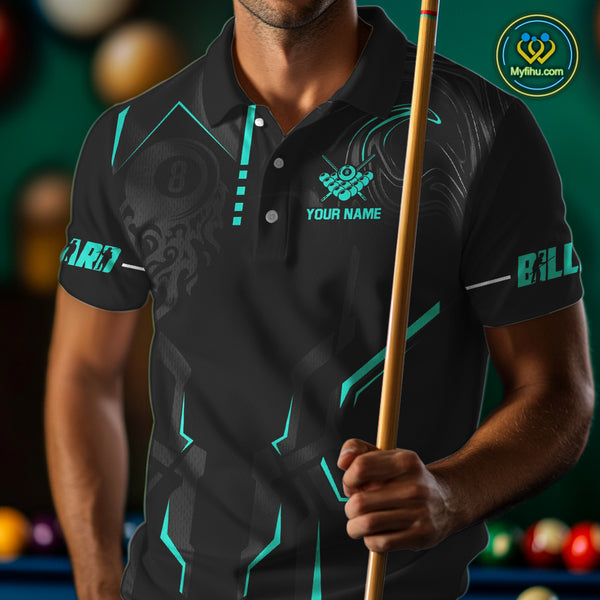 Custom 8 Ball Pool Crown Men Billiard Shirts, Turquoise And Black Billiard Team Shirt, Pool Jersey TDM4052