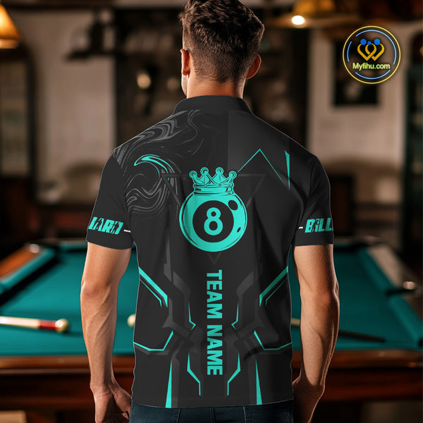 Custom 8 Ball Pool Crown Men Billiard Shirts, Turquoise And Black Billiard Team Shirt, Pool Jersey TDM4052