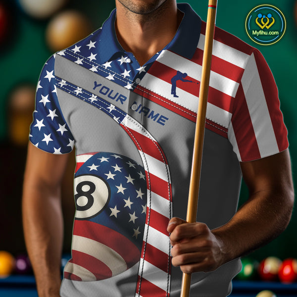 Custom Men's 8 Ball Billiard Shirts, American Flag Polo & 1/4 Zip Patriotic Pool Team Jerseys TDM4055