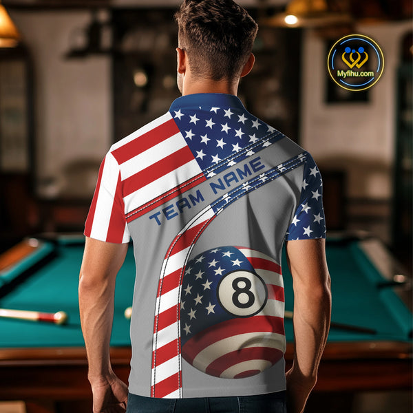 Custom Men's 8 Ball Billiard Shirts, American Flag Polo & 1/4 Zip Patriotic Pool Team Jerseys TDM4055