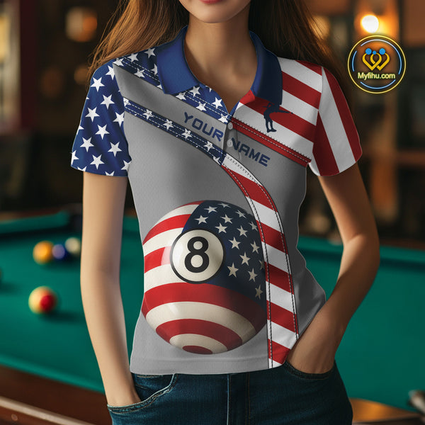 Custom Women's 8 Ball Billiard Shirts, American Flag Polo & 1/4 Zip Patriotic Pool Team Jerseys TDM4055