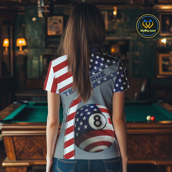Custom Women's 8 Ball Billiard Shirts, American Flag Polo & 1/4 Zip Patriotic Pool Team Jerseys TDM4055