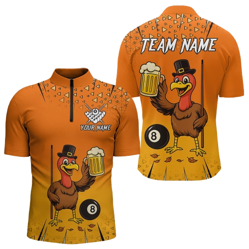 Orange Funny Turkey 8 Ball Pool Billiard Shirt For Men Custom Thanksgiving Billiard Jersey TDM4836