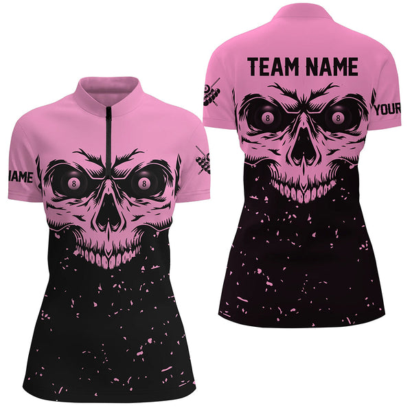 Custom Grunge Pink Black Skull Billiard Women Jerseys Shirts, 8 Ball Billiards Apparel Clothing  TDM1876