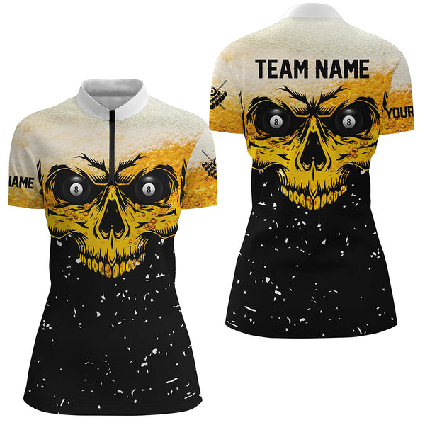 Custom Grunge Yellow Black Skull Billiard Women Jerseys Shirts, 8 Ball Billiards Apparel Clothing TDM1878