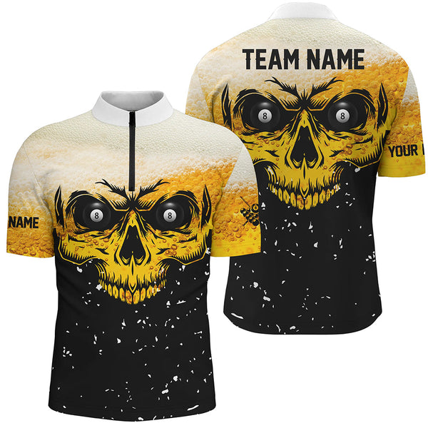 Custom Grunge Yellow Black Skull Billiard Men Jerseys Shirts, 8 Ball Billiards Apparel Clothing TDM1878