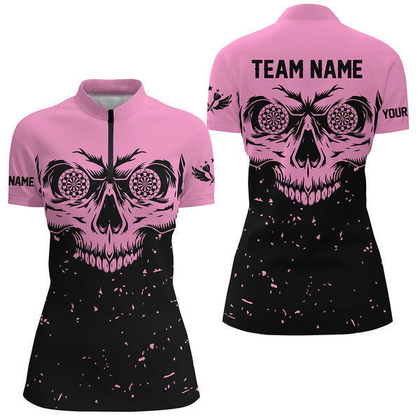 Customized Grunge Pink Black Skull Darts Women Polo & Quarter-Zip Shirts, Team League Darts Shirts TDM1887
