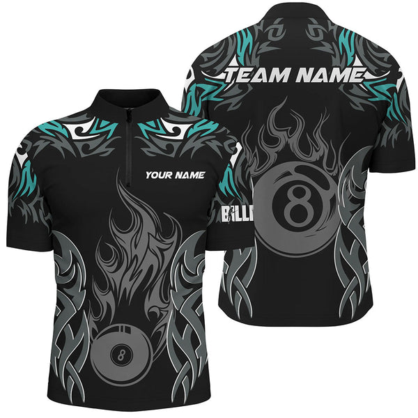 Personalized Billiard Tournament Jersey For Men, 8 Ball Fire Flame Billiard Team Shirts |Turquoise TDM2336