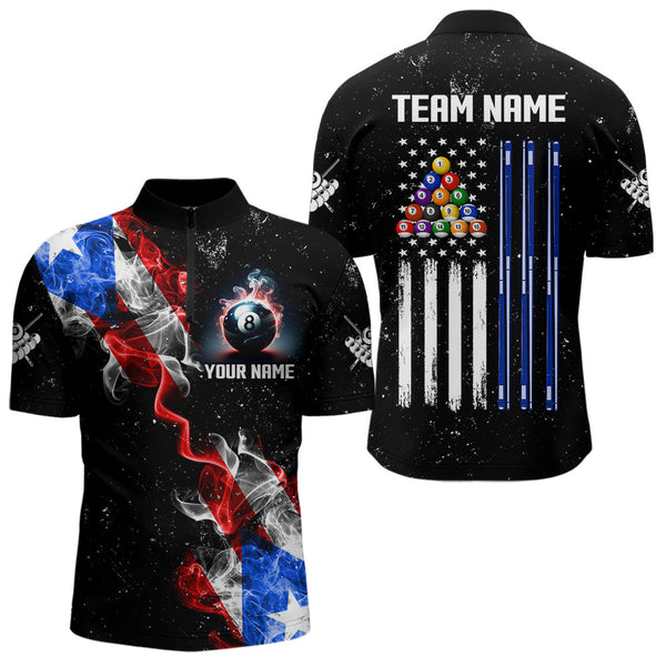 Personalize Grunge US Flag Smoke Men Billiard Polo & Quarter Zip Custom Patriotic Billiard Jerseys TDM3490
