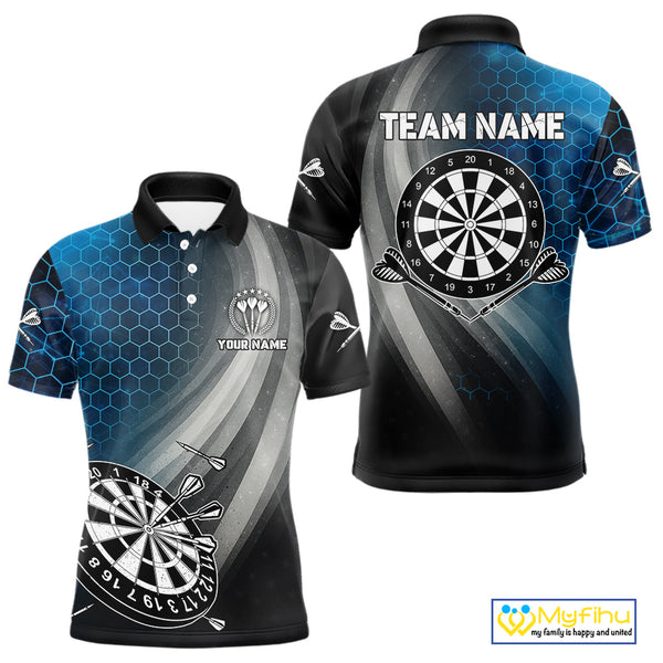 Custom Men's Dart Shirt – Black Blue Hexagon Design Darts Team Jersey | Polo & Quarter Zip Uniform TDM4074