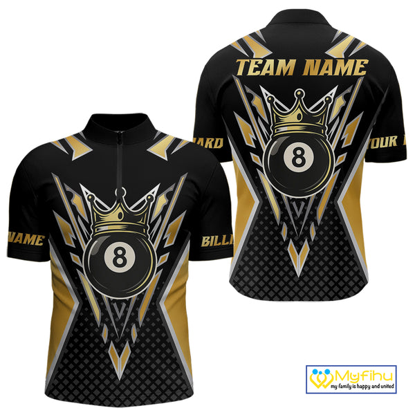Customized 8 Ball Pool Crown Men Billiard Shirts, Gold And Black Billiard Team Shirts, Pool Jersey TDM4078
