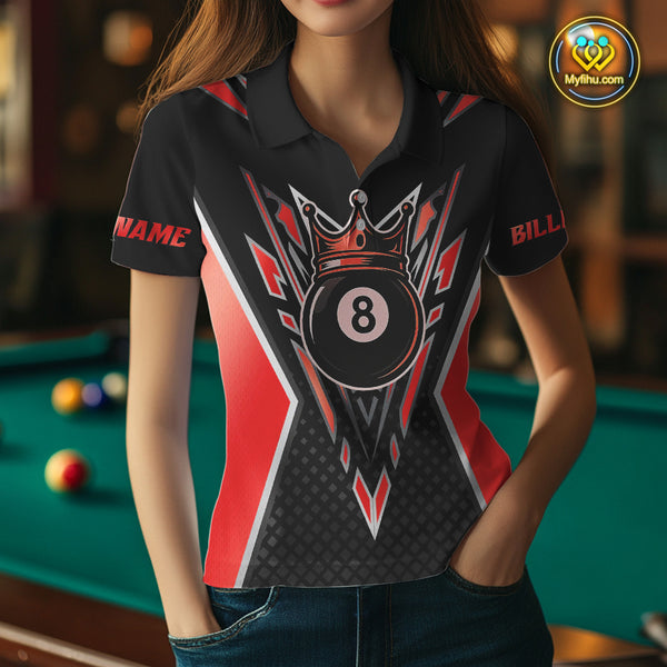 Customized 8 Ball Pool Crown Women Billiard Shirts, Red And Black Billiard Team Shirts, Pool Jersey TDM4079