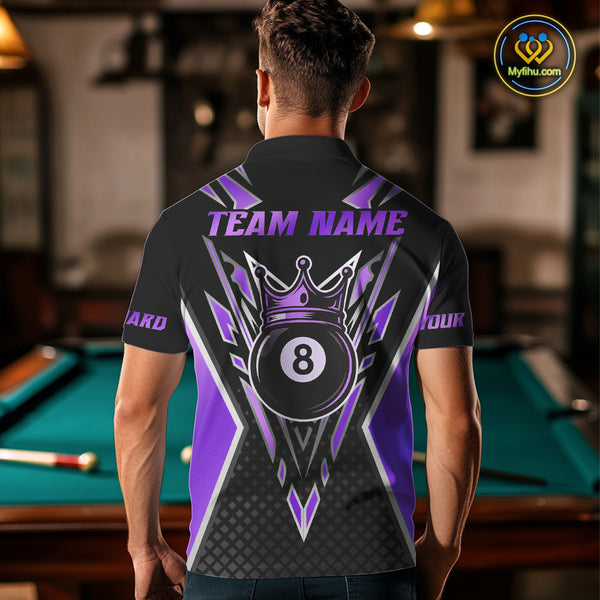Customized 8 Ball Pool Crown Men Billiard Shirt, Black And Purple Billiard Team Shirt, Pool Jersey TDM4080