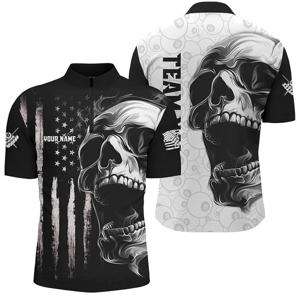American Flag Skull Custom Men Billiard Jerseys Polo & Quarter- Zip, Patriotic Billiard Shirts TDM2374