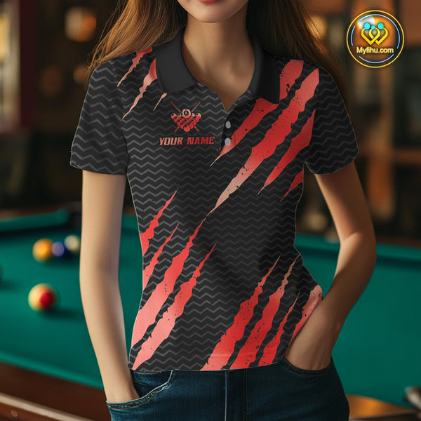 Black And Red Scratch Billiard Shirts For Women Custom 8 Ball Crown Pool Team Jersey Polo & 1/4 Zip TDM4096