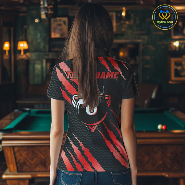 Black And Red Scratch Billiard Shirts For Women Custom 8 Ball Crown Pool Team Jersey Polo & 1/4 Zip TDM4096