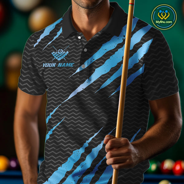 Black And Blue Scratch Billiard Shirts For Men Custom 8 Ball Crown Pool Team Jersey Polo & 1/4 Zip TDM4097