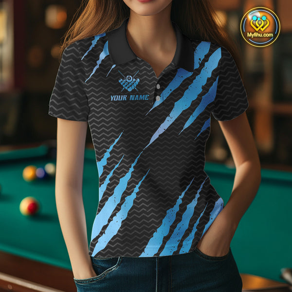 Black And Blue Scratch Billiard Shirts For Women Custom 8 Ball Crown Pool Team Jersey Polo & 1/4 Zip TDM4097