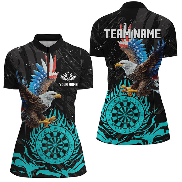 Personalized 3D Eagle American Flag Patriotic Darts Shirts For Women Custom Flame Darts Jerseys |Cyan TDM2393