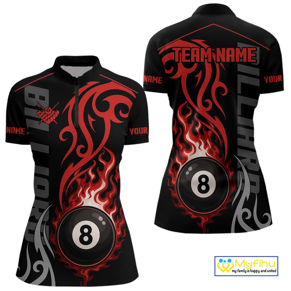 Black And Red Tribal Flame 8 Ball Pool Billiards Shirts For Women Custom Pool Team Jerseys TDM4101