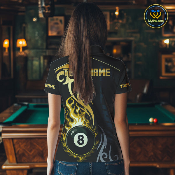 Black And Gold Tribal Flame 8 Ball Pool Billiards Shirts For Women Custom Pool Team Jerseys TDM4102