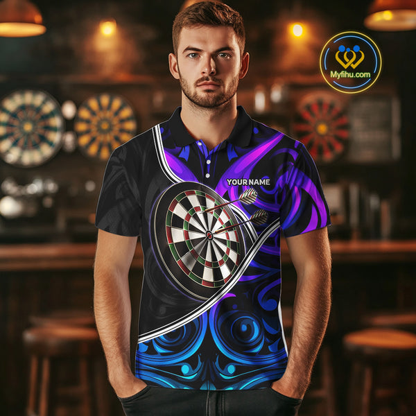 Neon Purple Blue Tribal Pattern Dart Shirts For Men Custom Dart Jerseys Team Polo & Quarter Zip TDM3823