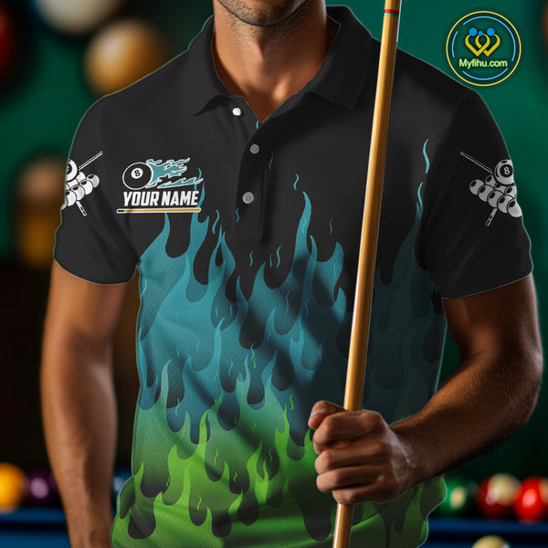 Green And Blue Flaming 8 Ball Pool Men Billiard Polo & 1/4 Zip Custom Pool Team Player Jersey TDM3828