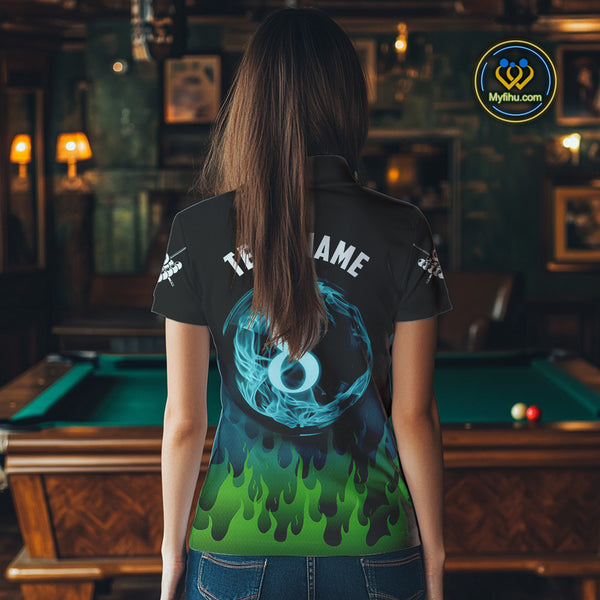 Green And Blue Flaming 8 Ball Pool Women Billiard Polo & 1/4 Zip Custom Pool Team Player Jersey TDM3828