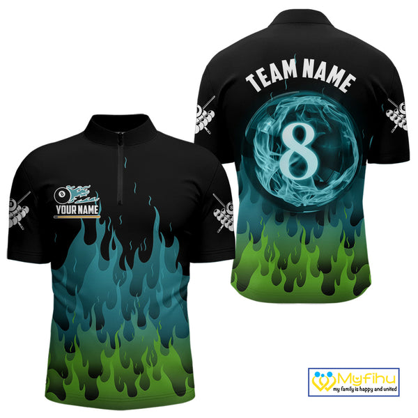 Green And Blue Flaming 8 Ball Pool Men Billiard Polo & 1/4 Zip Custom Pool Team Player Jersey TDM3828