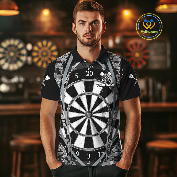 Personalized Grunge Grey Pixel Camo Dart Shirts For Men, Dart Jerseys Team Polo & Quarter Zip TDM3954