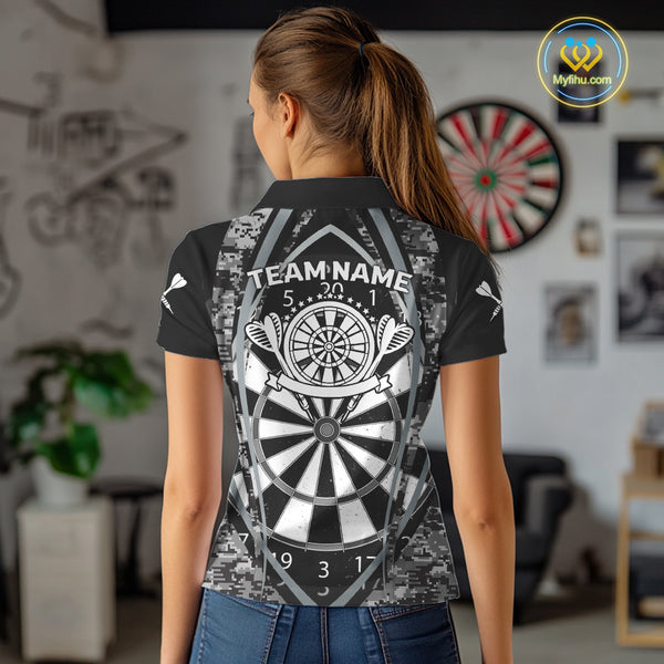 Personalized Grunge Grey Pixel Camo Dart Shirts For Women, Dart Jerseys Team Polo & Quarter Zip TDM3954