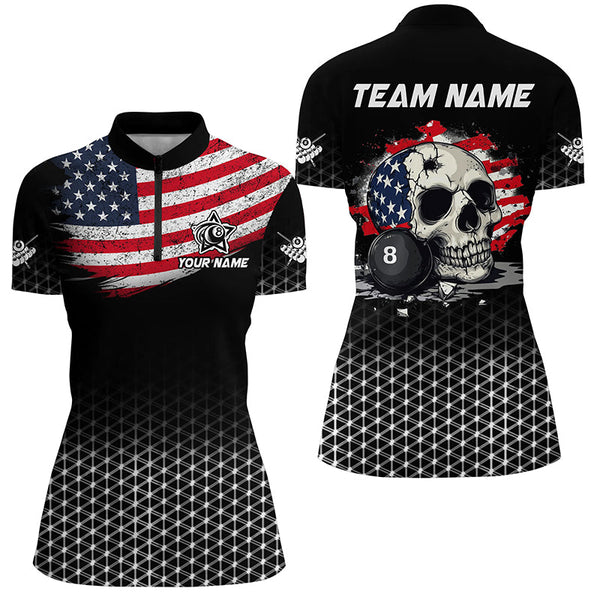 Personalized Patriotic Skull 8 Ball Billiard Shirts For Women Custom American Flag Billiard Jerseys TDM2174