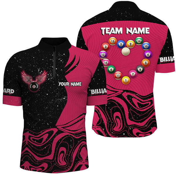 Personalized Funny Billiard Balls Heart Custom Men Polo & Quarter-Zip Shirts, Pink Billiard Jerseys TDM1767