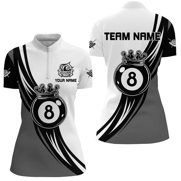 Personalized Black White 8 Ball Pool Crown Women Billiard Shirts, Best Billiard 8 Ball Team Jerseys TDM1772