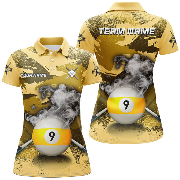 Funny 9 Ball Pool Custom Yellow Camo Women Polo & Quarter-Zip Shirts, Billiard Snooker Outfits TDM2456