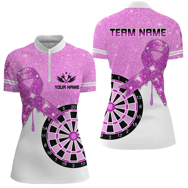 Purple Glitter Ribbon Dartboard Breast Cancer Awareness Darts Shirts For Women Custom Darts Jersey TDM1797