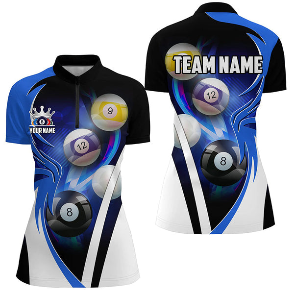 Personalized Billiard Tournament Shirts For Women Custom Team Name Billiard Balls Pool Jerseys | Blue TDM2470