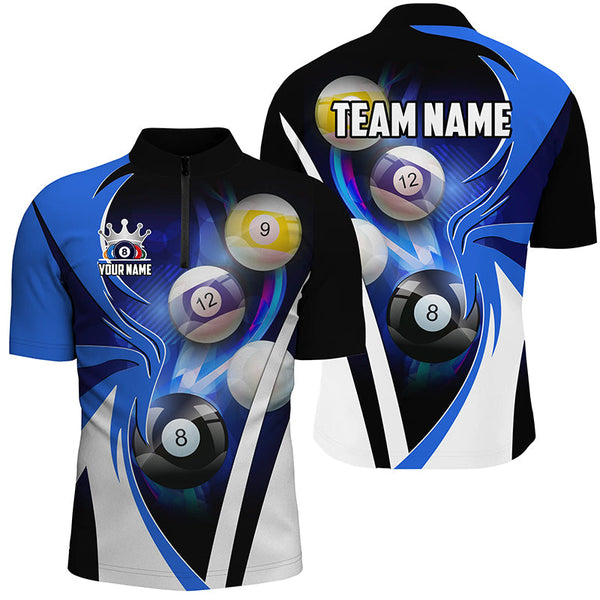 Personalized Billiard Tournament Shirts For Men Custom Team Name Billiard Balls Pool Jerseys | Blue TDM2470