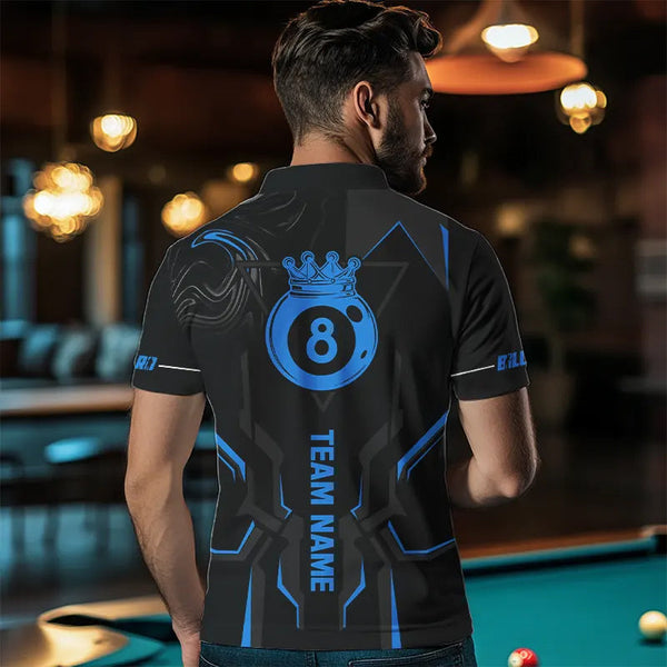 Customized 8 Ball Pool Crown Men Billiard Shirts, Blue And Black Billiard Team Shirts, Pool Jerseys TDM3563