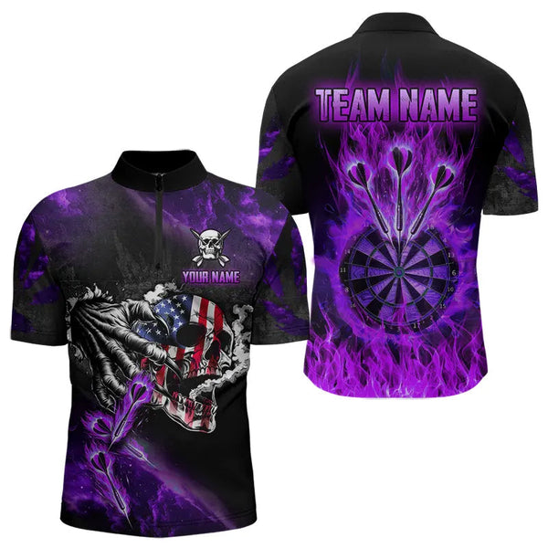 Fire Flame Darts Board American Flag Skull Dart Shirts For Men Custom Darts Team Jerseys |Purple TDM2982