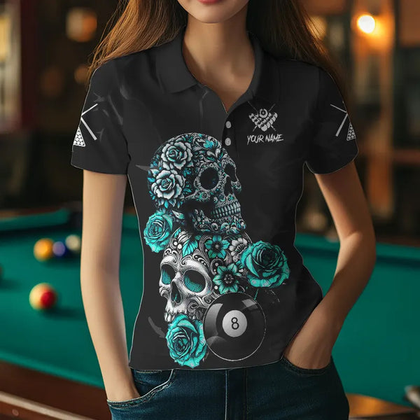 Personalized Funny Turquoise Skull Roses 8 Ball Billiard Shirts For Women Custom Pool Team Shirts TDM3728