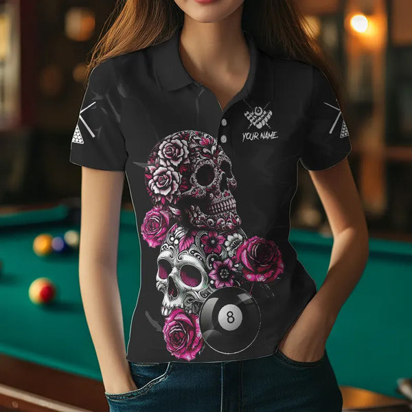 Personalized Pink Funny Skull Roses 8 Ball Billiard Shirts For Women Custom Pool Team Shirts TDM3729