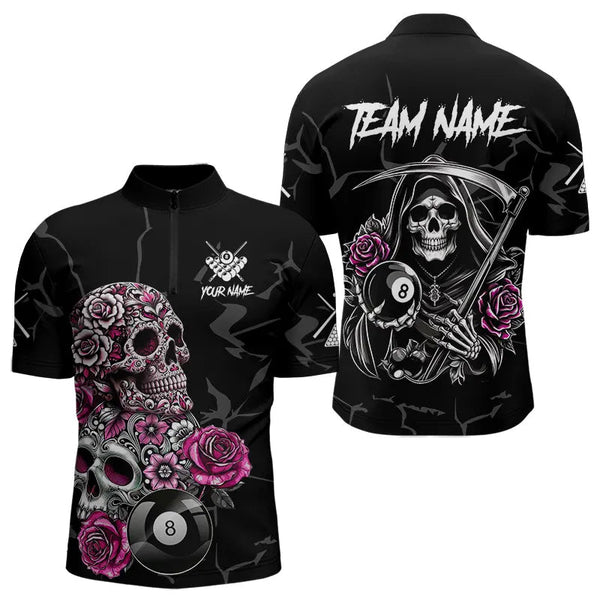 Personalized Pink Funny Skull Roses 8 Ball Billiard Shirts For Men Custom Pool Team Shirts TDM3729