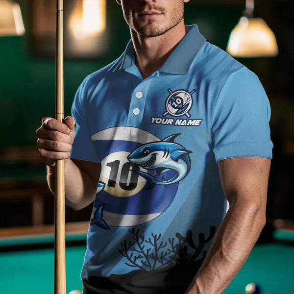 Personalized Shark 10 Ball Pool Blue Men Billiard Shirts Custom Funny Billiard Shirts Pool Jerseys TDM3427