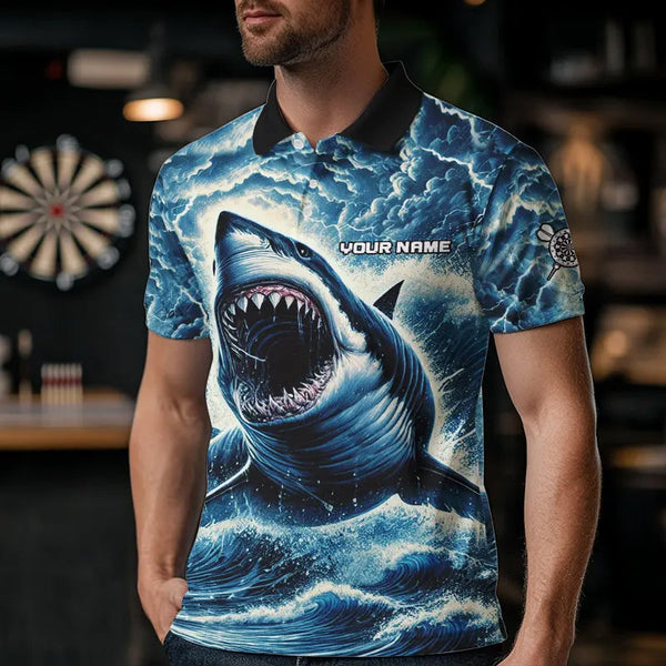 Personalized Shark Blue Lightning Darts Polo & Quarter Zip Custom Dart Shirts For Men Dart Jerseys TDM3442