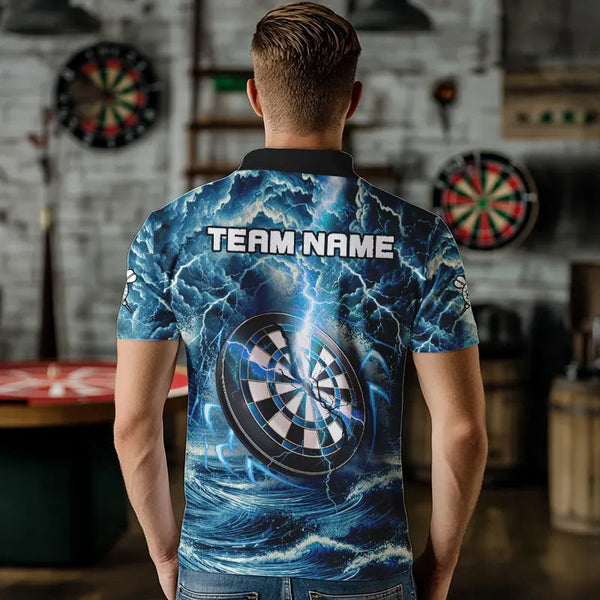 Personalized Shark Blue Lightning Darts Polo & Quarter Zip Custom Dart Shirts For Men Dart Jerseys TDM3442